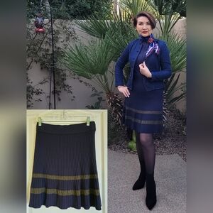 EUC Ann Taylor Navy Blue Ribbed A-line Skirt with Metallic Gold Stripes, XS
